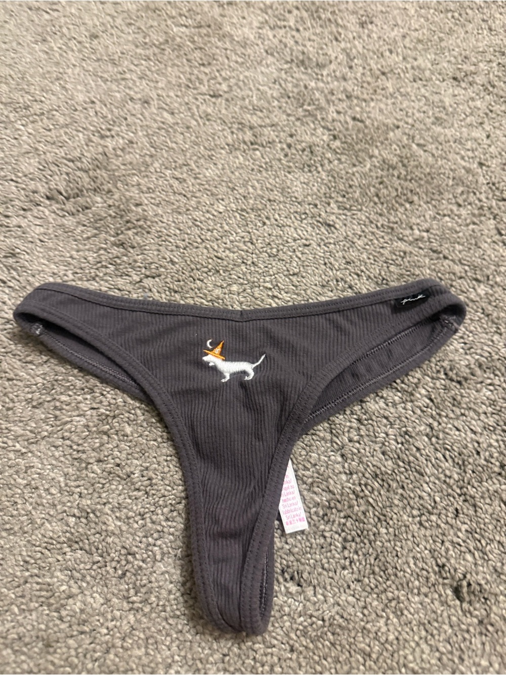 Charcoal Ribbed Thong with Dog Embroidery
